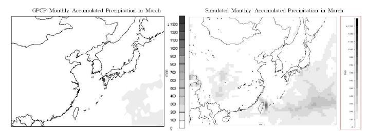 Fig. Ⅱ-19. GPCP data 와 MM5 결과의 월누적 강수량 분포 비교(2006년 3월)