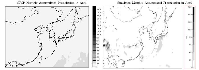 Fig. Ⅱ-20. GPCP data 와 MM5 결과의 월누적 강수량 분포 비교(2006년 4월)