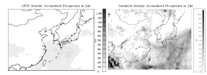 Fig. Ⅱ-23. GPCP data 와 MM5 결과의 월누적 강수량 분포 비교(2006년 7월)