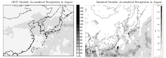 Fig. Ⅱ-24. GPCP data 와 MM5 결과의 월누적 강수량 분포 비교(2006년 8월)