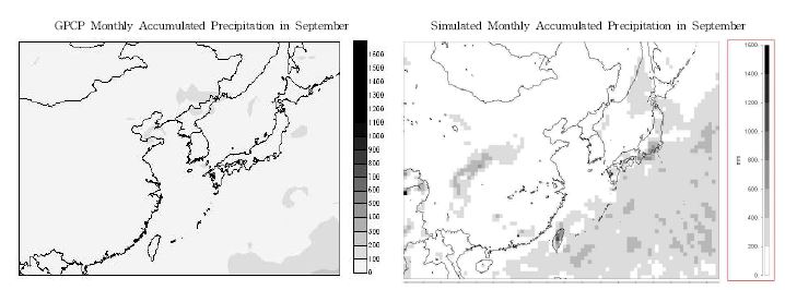 Fig. Ⅱ-25. GPCP data 와 MM5 결과의 월누적 강수량 분포 비교(2006년 9월)