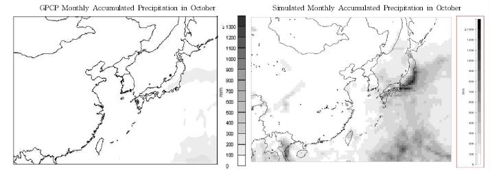 Fig. Ⅱ-26. GPCP data 와 MM5 결과의 월누적 강수량 분포 비교(2006년 10월)