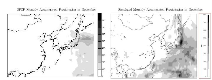 Fig. Ⅱ-27. GPCP data 와 MM5 결과의 월누적 강수량 분포 비교(2006년 11월)