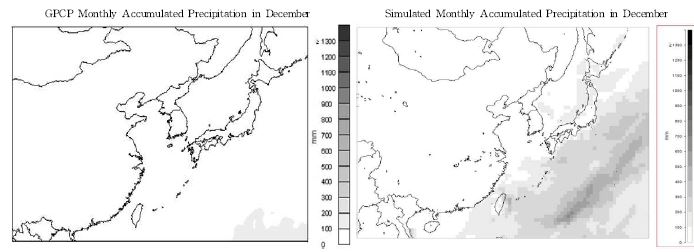 Fig. Ⅱ-28. GPCP data 와 MM5 결과의 월누적 강수량 분포 비교(2006년 12월)