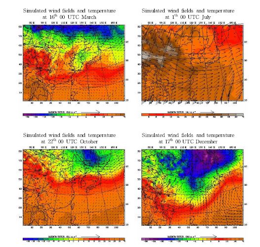 Fig. Ⅱ-29. MM5 바람장 및 온도의 분표 모사결과