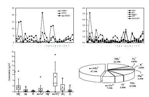 Fig. Ⅱ-106. PM10 이온성분의 야간 농도 변화 및 조성비