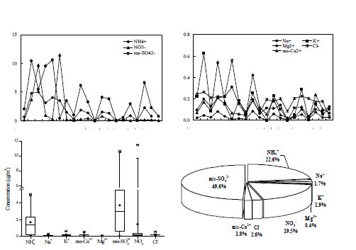 Fig. Ⅱ-113. 1차 집중측정 시 PM2.5 이온성분의 야간 농도 변화 및 조성비