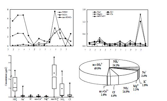 Fig. Ⅱ-114. 2차집중측정 시 PM2.5 이온성분의 야간 농도 변화 및 조성비