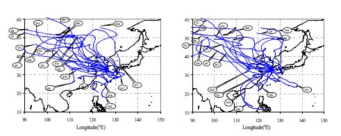 Fig. Ⅱ-123. 봄철(1차 집중)의 주간(좌), 야간(우) 역궤적 분석 결과