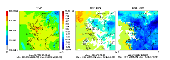 그림 9.37 BASE의 기온 수평분포와 BASE와의 기온차이 수평분포