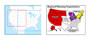 그림 2.5 EPA의 2002 모델링 플랫폼 정확도 평가 권역: (1) 서부 및 동부 12km 모델링 도메인, (2) 5개 평가 권역 (RPO영역과 일치)