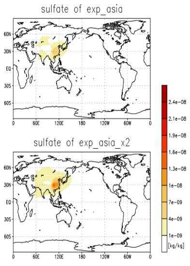 Figure 3.1.1. Spatial distribution of anthropogenic sulfate aerosol concentrationat surface layer in 2001 from GEOS-Chem v7-04-10. Unit is kg/kg.