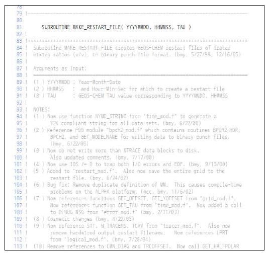 Figure 4.5.4. 해당 서브루틴이 있는 restart_mod.f 파일의일부.