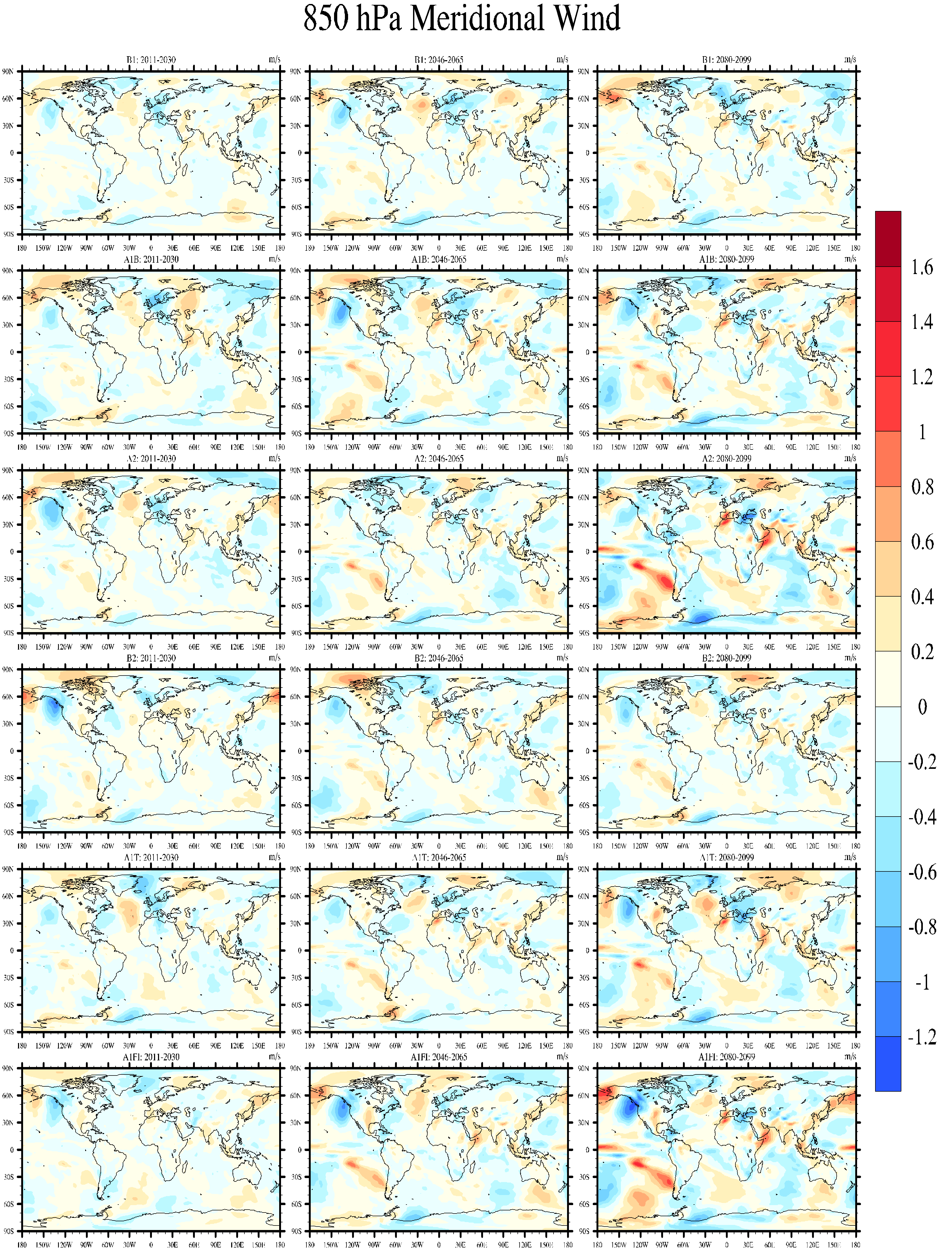 Figure 1.12. Spatial pattern of meridional wind at 850 hPa relative to thelate twentieth (1980-1999) in six twenty-first experiments