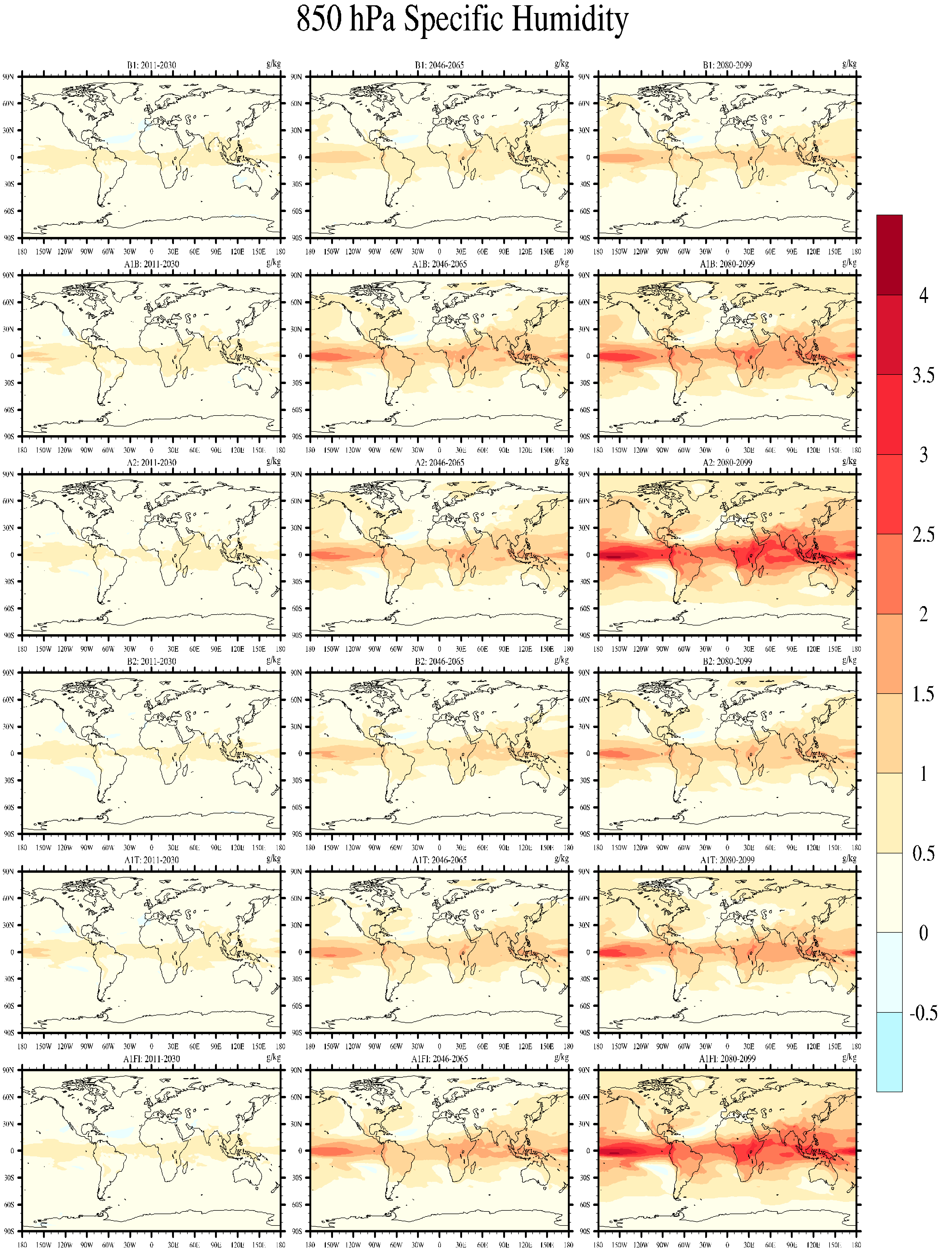 Figure 1.13. Spatial pattern of specific humidity at 850 hPa relative to thelate twentieth (1980-1999) in six twenty-first experiments.