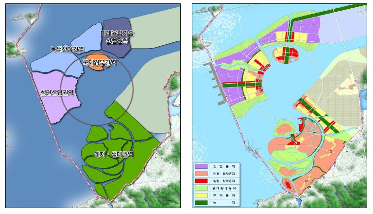 그림 5-3. 명품복합도시 권역별 배치도(좌) 및 토지이용계획도(안)(우)