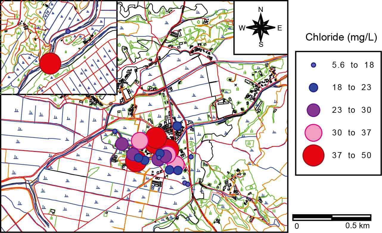 조사지역 지하수의 염소이온 농도 분포도