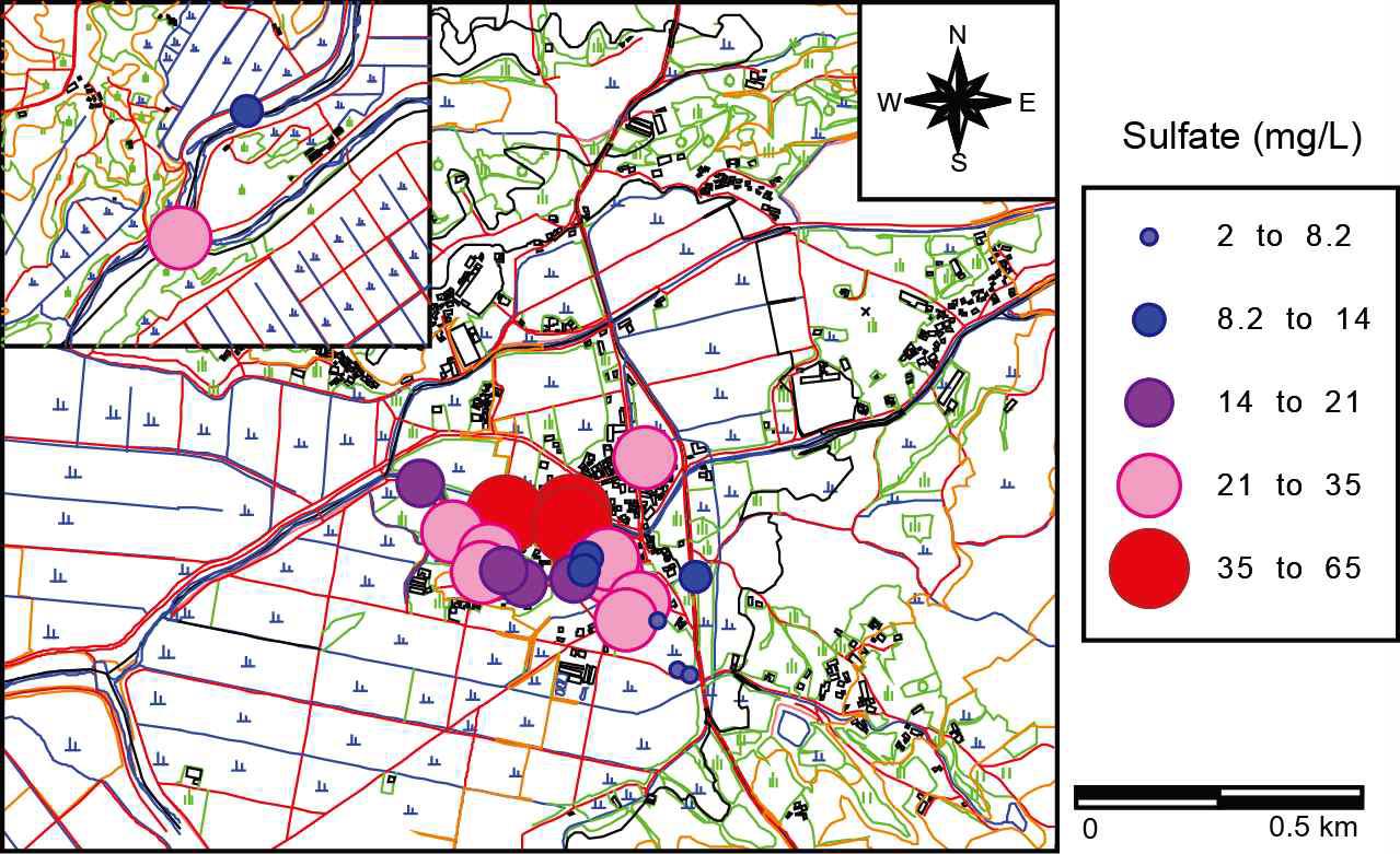 조사지역 지하수의 황산염 농도 분포도