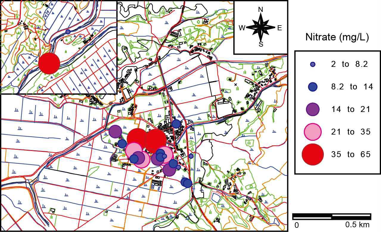 조사지역 지하수의 질산염 농도 분포도