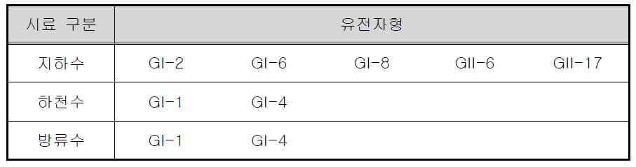 시료 구분별 노로바이러스 유전자형