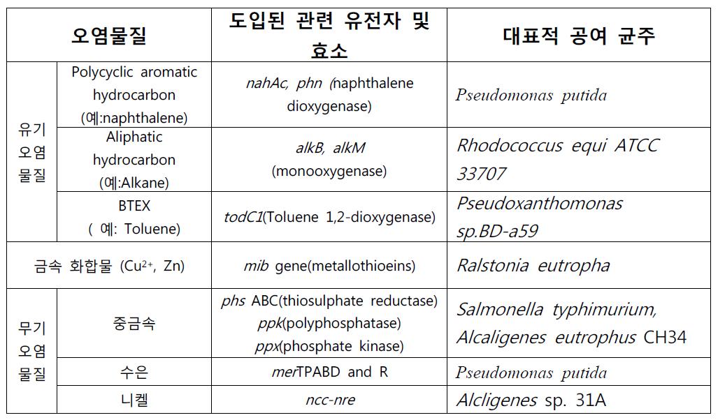 오염물질 분해 및 정화 유전자의 종류 및 공여 균주