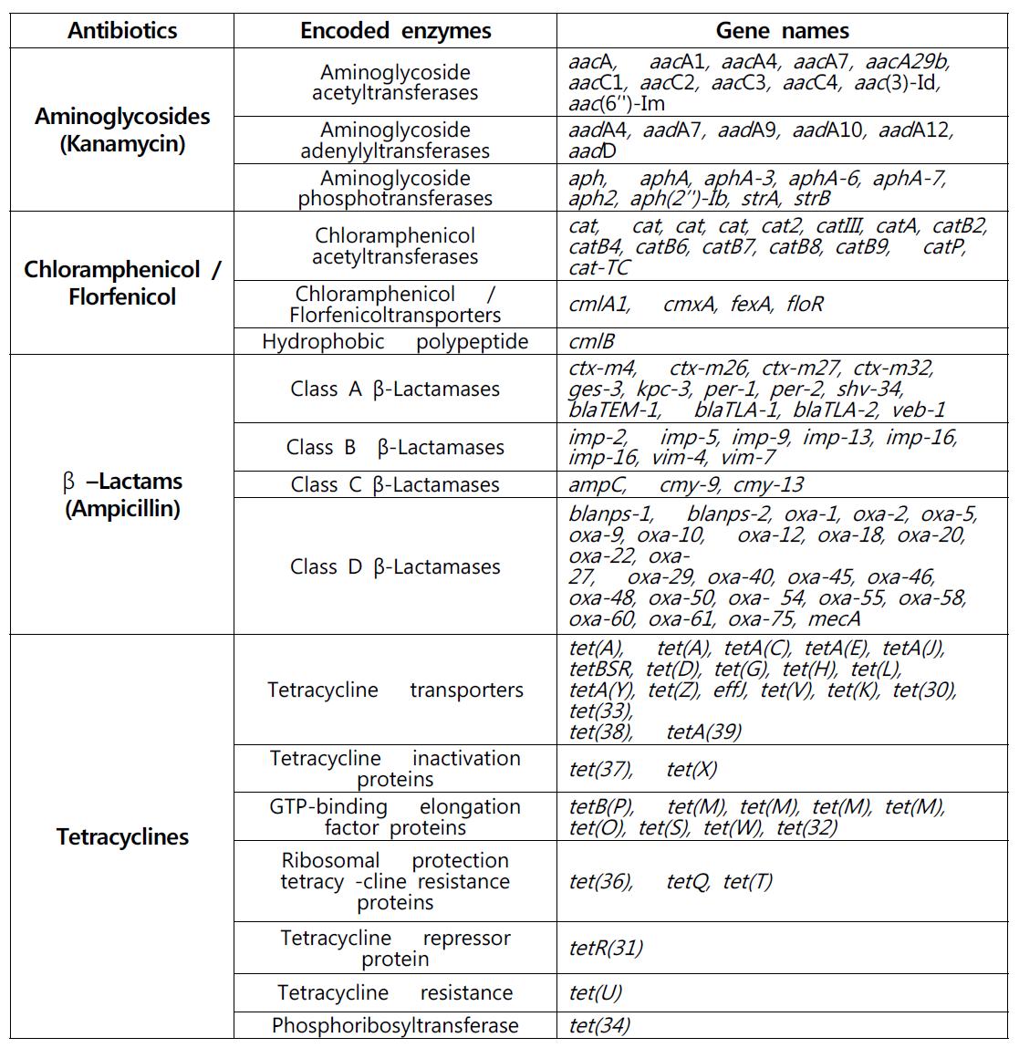 항생제 저항성 유전자의 다른 명명 예