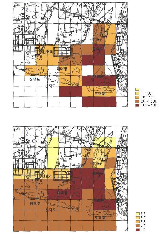 낙동강 하구의 1×1km 격자별 물새류 개체수(가)와 서식지적합성지수(나)