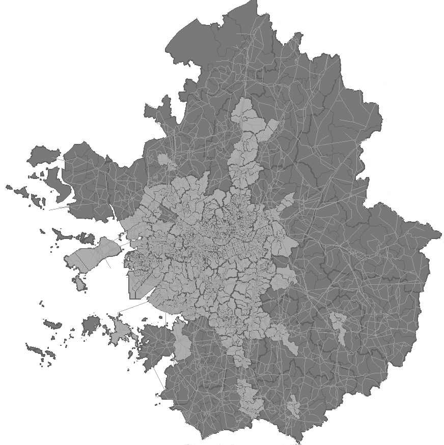 수도권의 도심지역(연회색) 및 교외지역(진회색)