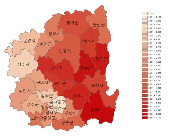 그림 4-14. 혈중 수은 농도의 지역별 분포