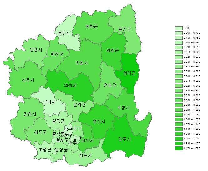 그림 4-17. 요중 수은 농도의 지역별 분포