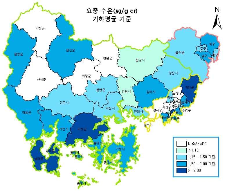 그림 3-6 지역별 요중 수은 농도(㎍/g cr)-기하평균 기준