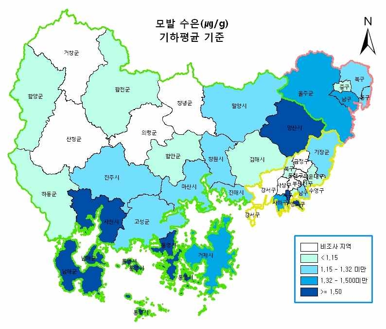 그림 3-5 지역별 모발 수은 농도(㎍/g)-기하평균 기준