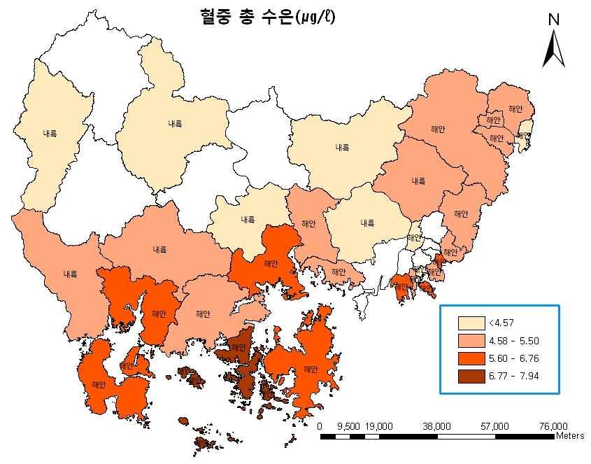 그림 3-7 해안 내륙지역별 혈중 총 수은 농도(㎍/ℓ)-기하평균 기준