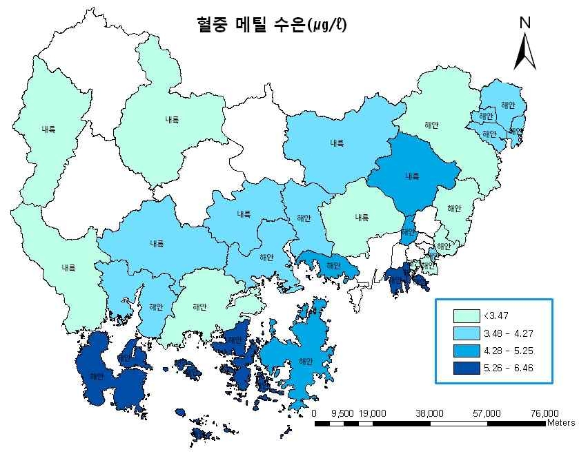 그림 3-8 해안 내륙지역별 혈중 메틸수은 농도(㎍/ℓ)-기하평균 기준