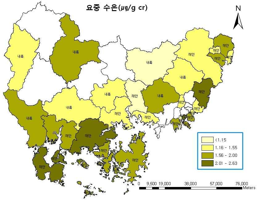 그림 3-10 해안 내륙지역별 요중 수은 농도(㎍/g cr)-기하평균 기준