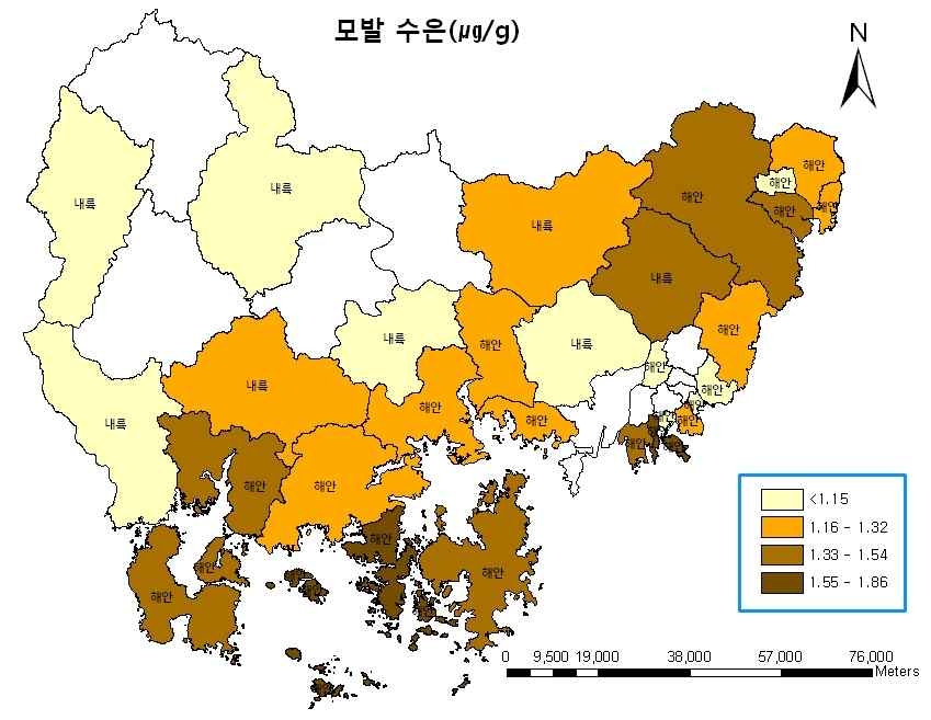 그림 3-9 해안 내륙지역별 모발 수은 농도(㎍/g)-기하평균 기준