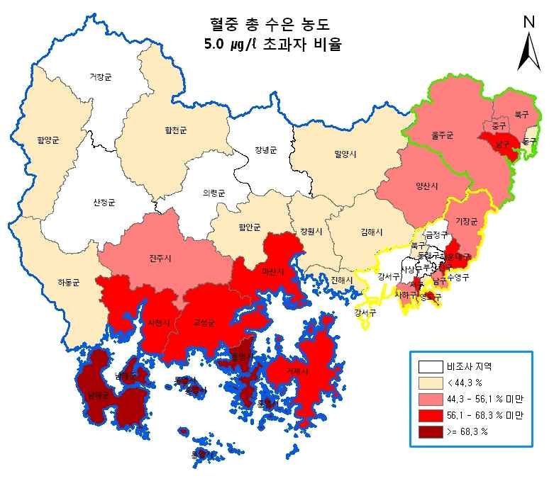 그림 3-11 지역별 혈중 총 수은 농도 기준 초과자