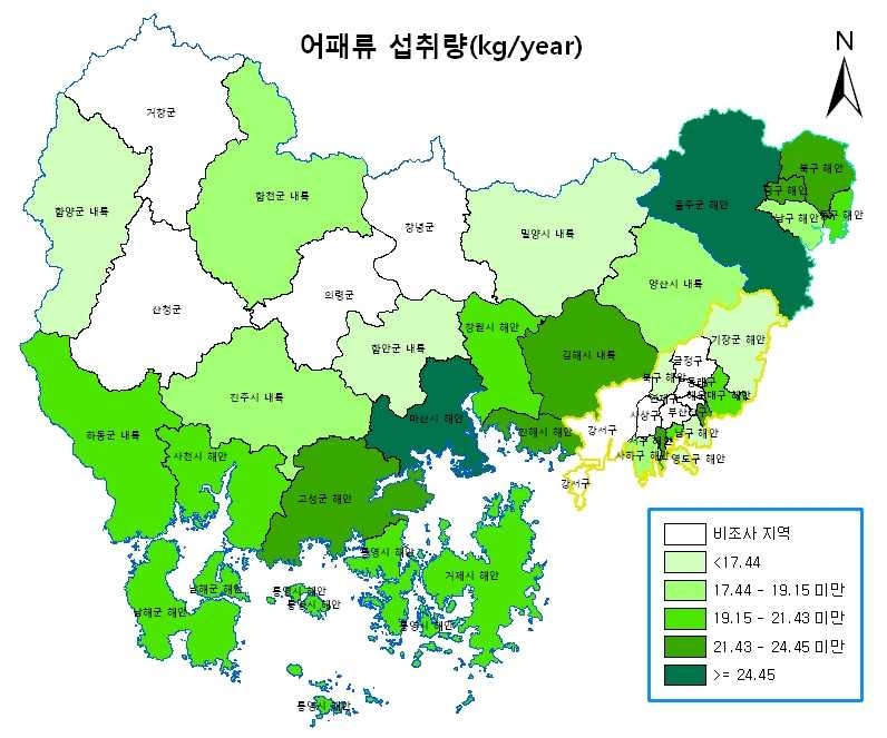 그림 3-16 지역에 따른 평균 어패류 섭취량