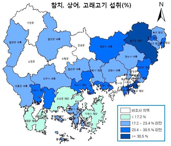 그림 3-17 지역별 특정 어류(참치, 상어, 고래) 섭취 대상자 비율