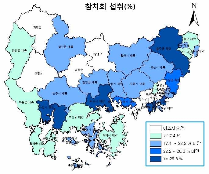 그림 3-18 지지역별 참치회 섭취 대상자 비율