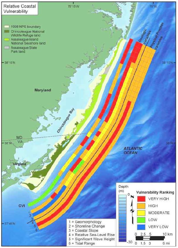 그림. 애서티그 섬 국립 해안의 상대적인 해안 취약성