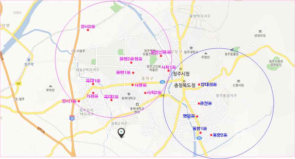 Fig 2-2. 청주산업단지 조사지역 및 대조지역