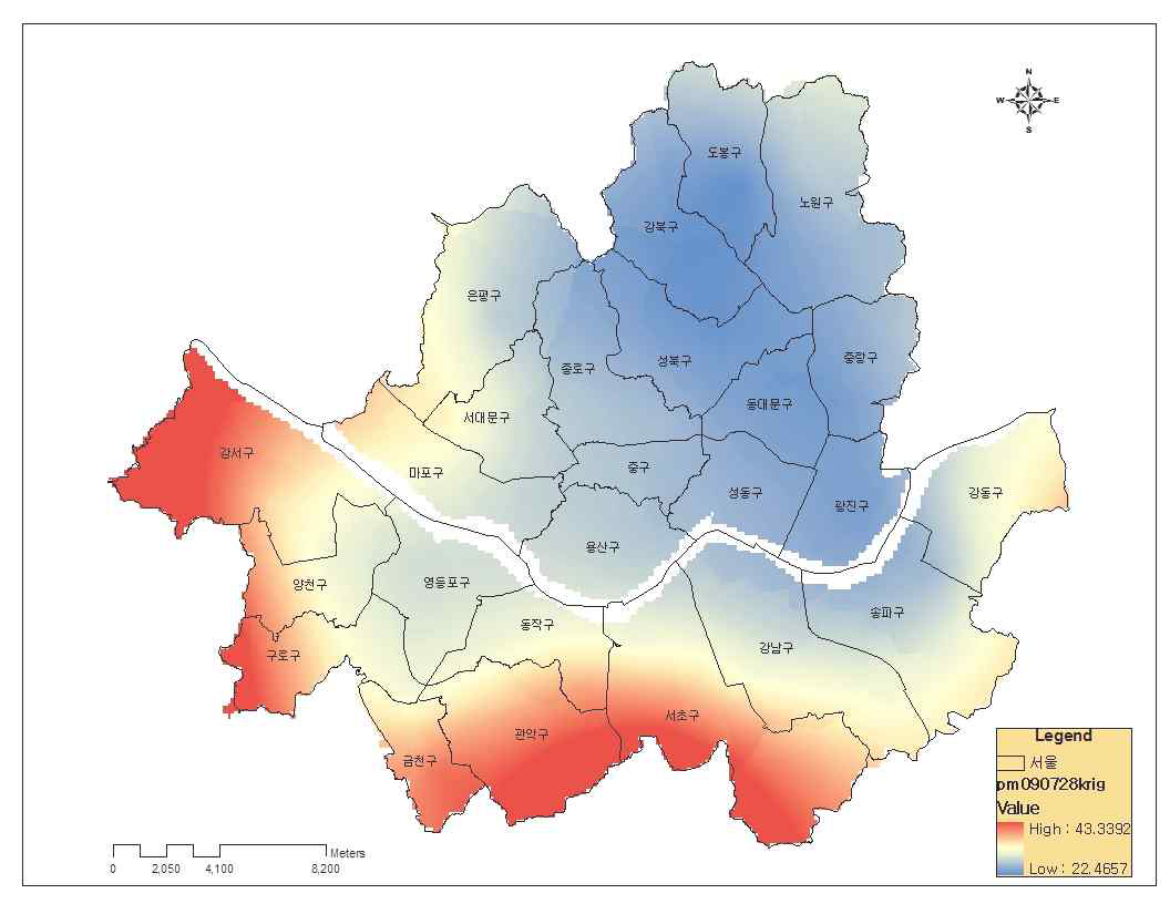 PM10 kriging 결과(2009년 여름)