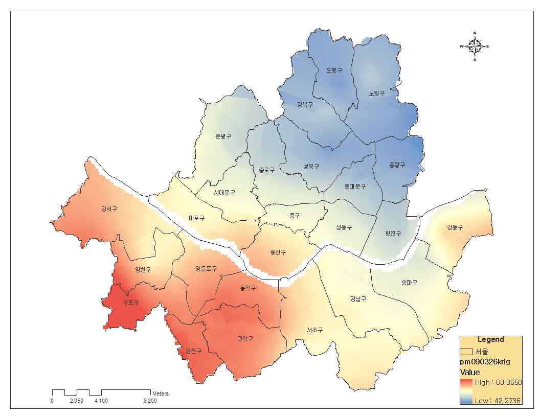 PM10 kriging 결과(2009년 봄)