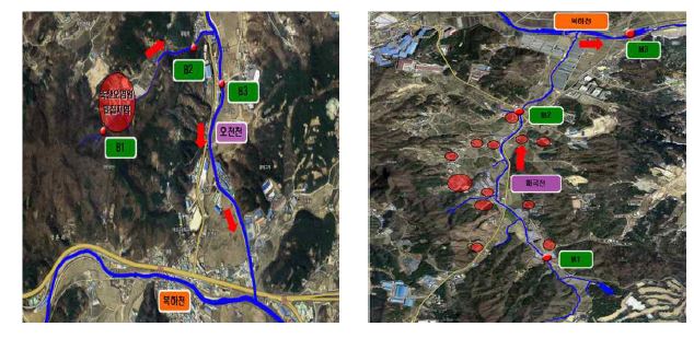 세부조사지점도(좌: 오천천지류, 우: 매곡천)