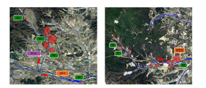 세부조사지점도(좌: 화곡천, 우: 양화천)