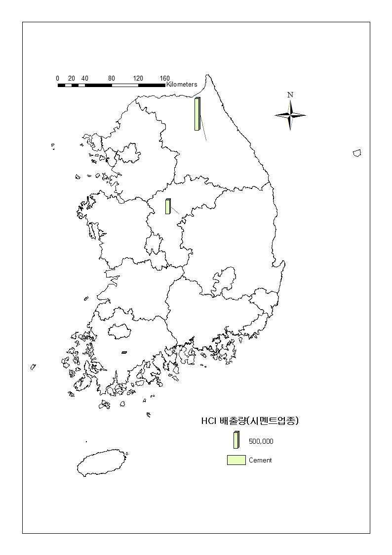 전국 시도별 시멘트 업종의 HCl 배출량(kg/year) 조회; 바.