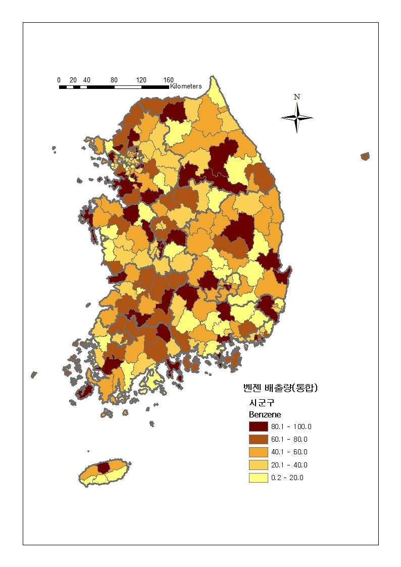 전국 시군구별 벤젠 배출량(kg/year) 조회 화면(예시); 색상.