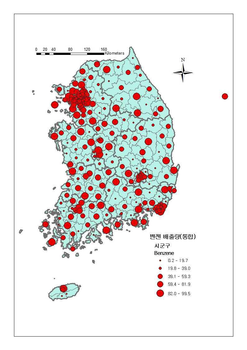 전국 시군구별 벤젠 배출량(kg/year) 조회 화면(예시); 심볼.