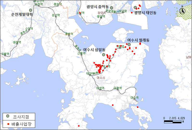 여수․광양지역의 화학물질 배출사업장의 공간적 분포.